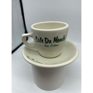 Cafe Du Monde Espresso Cup Saucer Set Cream Green Homer Laughlin NOLA Souvenir